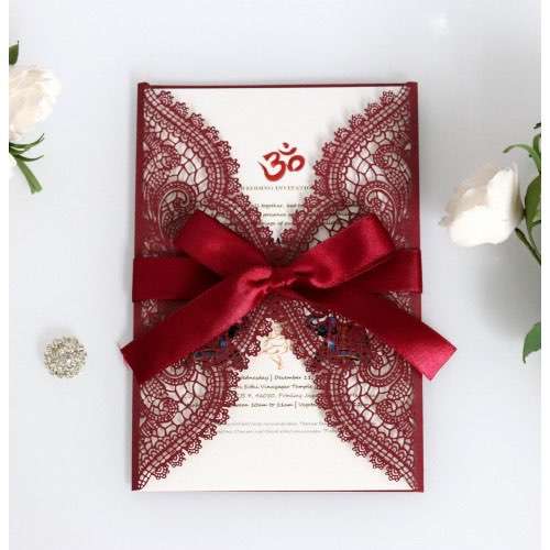 Wine Red Invitation Laser Wedding Invitation Card With Ribbon Bow